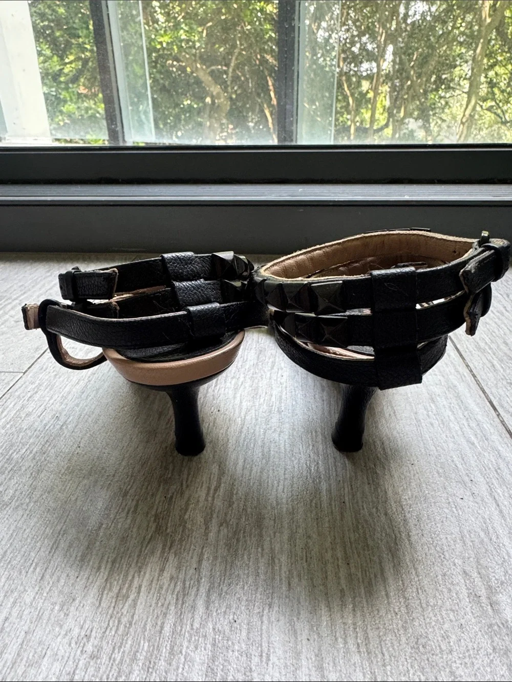 Zara Black Studded T-Strap Ankle Sandals size 37 Heels